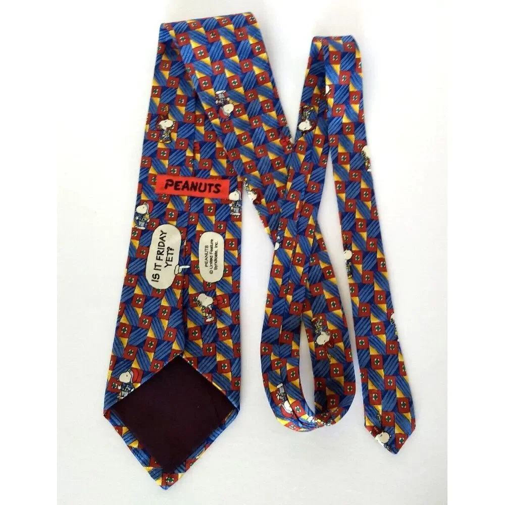 SNOOPY Peanuts Silk Tie Is It Friday Yet? Blue Red & Yellow Geometric Stripe USA
